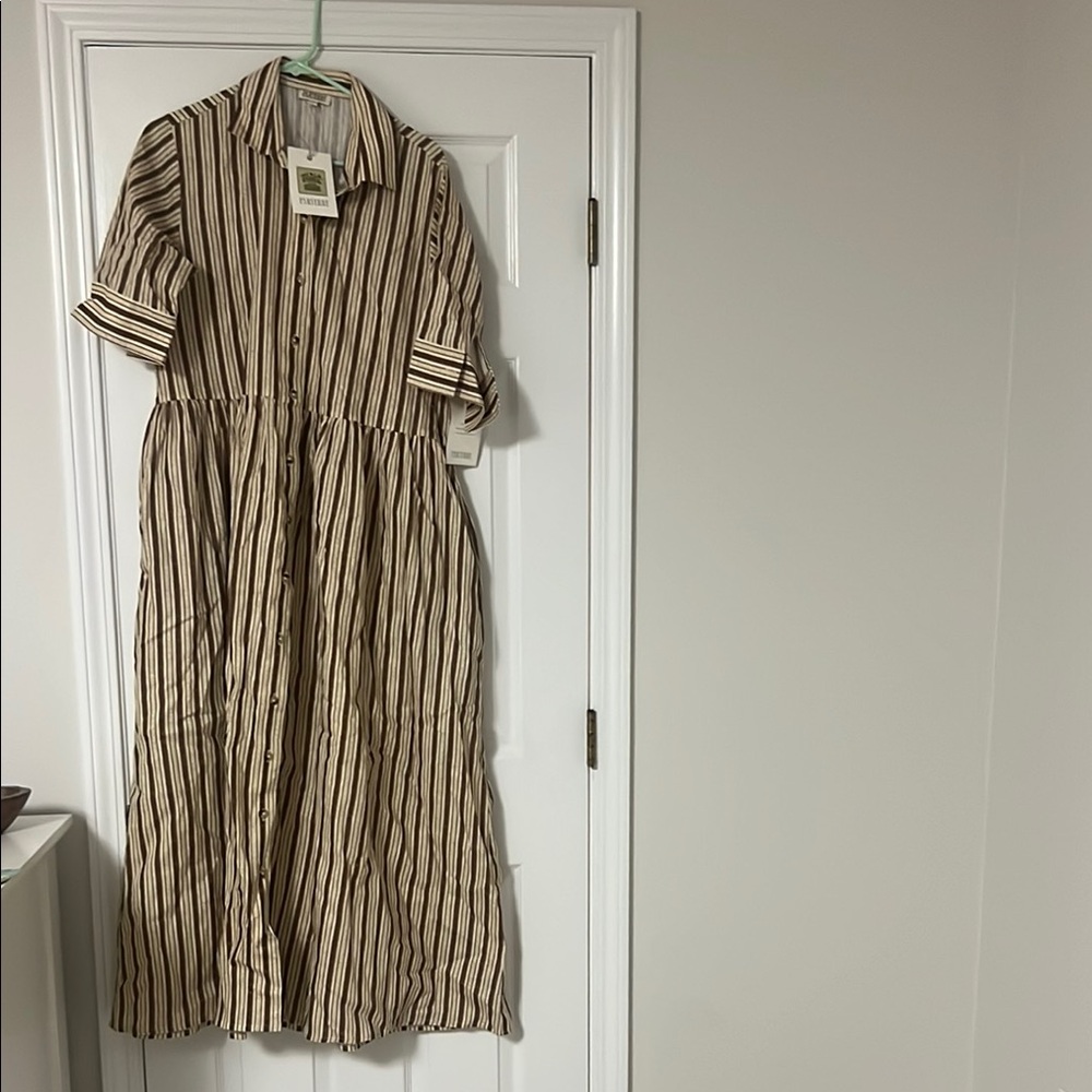 Parterre Owen Dress in Brown Remy Stripe Button-Up Maxi Dress, Parterre, pockets